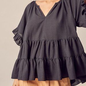 Ladies Black Tiered Ruffle Swing Babydoll Oversize Tunic Top - FINAL CLEARANCE